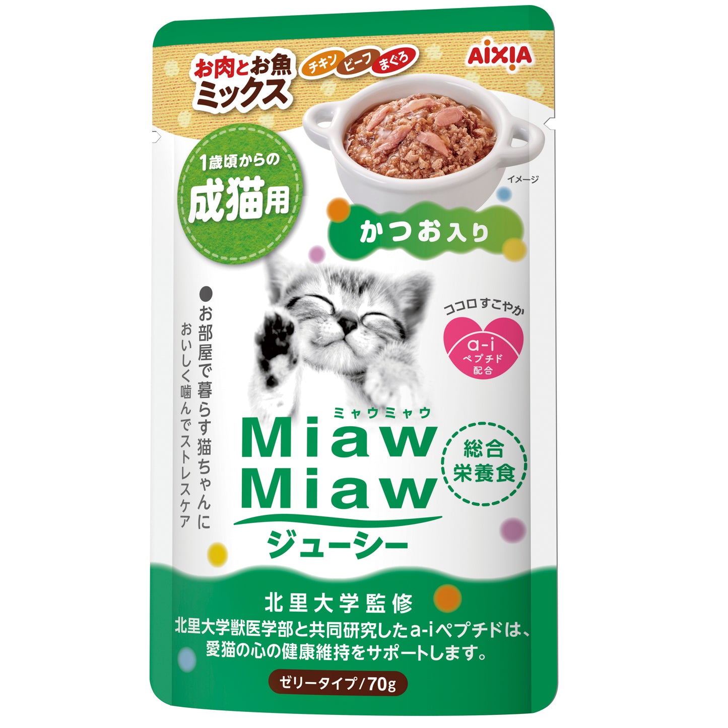 Miaw Miaw Juicy Pouch - Meat & Fish Mix w/Skipjack Tuna 70g (12 packs)